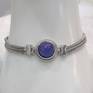 Purple Jade Triple Strand Silver Bracelet